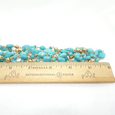 Triple Layer Teal Beaded Necklace, Summertime Jewelry, Gold Tone Beads - Pretty!