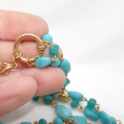 Triple Layer Teal Beaded Necklace, Summertime Jewelry, Gold Tone Beads - Pretty!