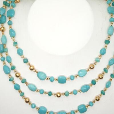 Triple Layer Teal Beaded Necklace, Summertime Jewelry, Gold Tone Beads - Pretty!