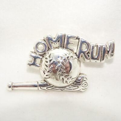 Silver Tone Baseball "Home Run!" Pin, Baseball & Bat 
