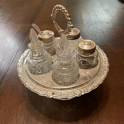Crystal Condiments Holder on a Silver Platter