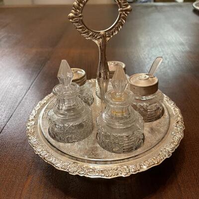 Crystal Condiments Holder on a Silver Platter