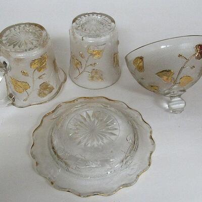 EAPG Ivy In Snow With Gold Trim Butter Dish Sugar and Creamer Co-operative Flint Glass Co 