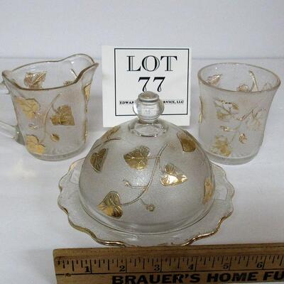 EAPG Ivy In Snow With Gold Trim Butter Dish Sugar and Creamer Co-operative Flint Glass Co 