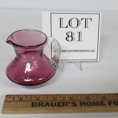Small Ribbed Cranberry Glass Creamer Clear Ribbed Handle