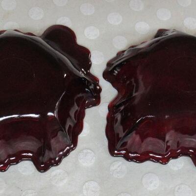 2 Vintage Ruby Red Glass Maple Leaf Shaped Bowls