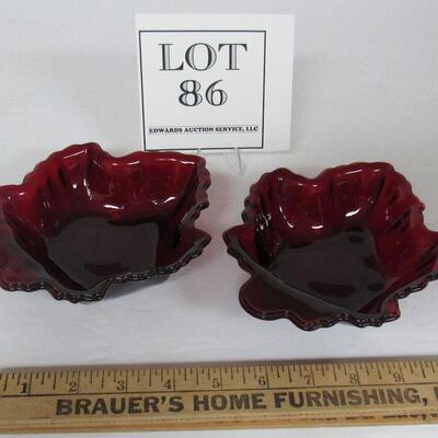 2 Vintage Ruby Red Glass Maple Leaf Shaped Bowls