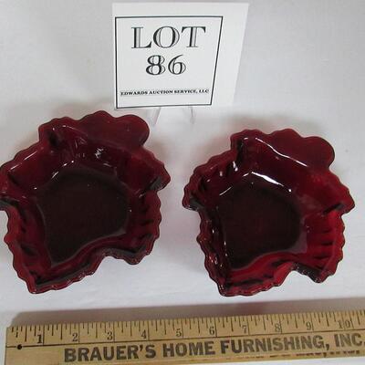 2 Vintage Ruby Red Glass Maple Leaf Shaped Bowls