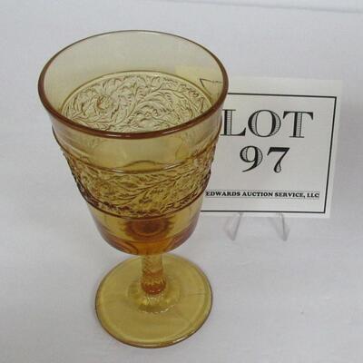 Amber Pressed Glass Goblet Roses in Leaves 