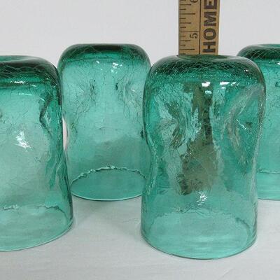 Blenko Set of 4 MCM Teal Crackle Glass Tumblers, Unmarked