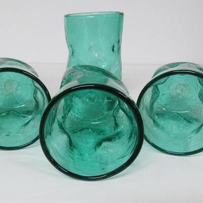 Blenko Set of 4 MCM Teal Crackle Glass Tumblers, Unmarked