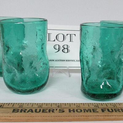 Blenko Set of 4 MCM Teal Crackle Glass Tumblers, Unmarked