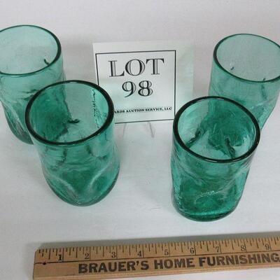 Blenko Set of 4 MCM Teal Crackle Glass Tumblers, Unmarked