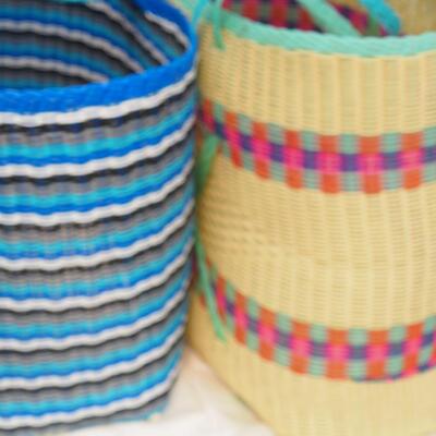 Lot 99 Three Large oversize woven plastic shopping or storage basket/ bags