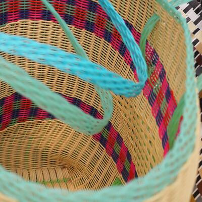 Lot 99 Three Large oversize woven plastic shopping or storage basket/ bags