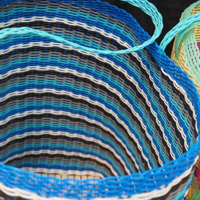 Lot 99 Three Large oversize woven plastic shopping or storage basket/ bags