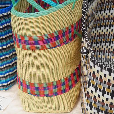 Lot 99 Three Large oversize woven plastic shopping or storage basket/ bags