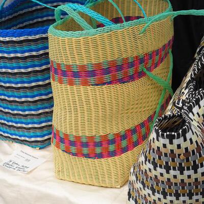 Lot 99 Three Large oversize woven plastic shopping or storage basket/ bags