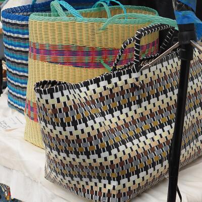 Lot 99 Three Large oversize woven plastic shopping or storage basket/ bags