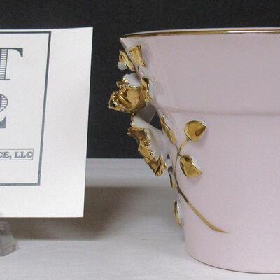 Vintage Lefton Pink Vase With Applied Gold Flowers