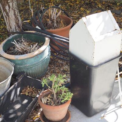 Lot 97 Sky Dragon sculpture, Can, planters, table