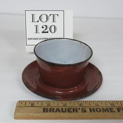 Unusual Brown and Gray Graniteware Bowl With Attached Underplate