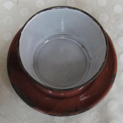 Unusual Brown and Gray Graniteware Bowl With Attached Underplate