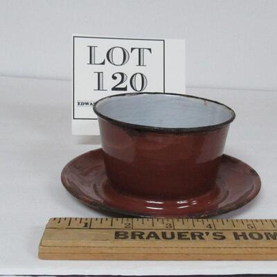 Unusual Brown and Gray Graniteware Bowl With Attached Underplate