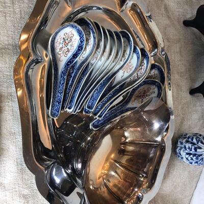 Lot 98 Collectible plates, Chinese soup spoons ceramic, casserole holder.