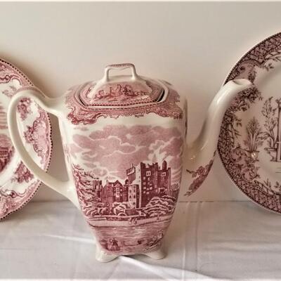 Lot #313  Three Pieces of Mulberry Transfer Ware - Teapot/two Plates