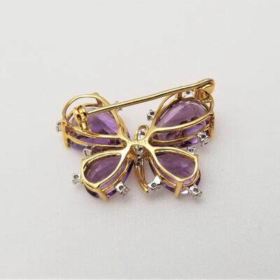 Lot #350  14kt Yellow Gold, Amethyst, and Diamond Butterfly brooch