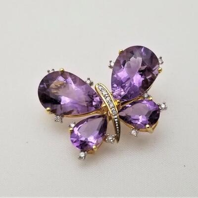 Lot #350  14kt Yellow Gold, Amethyst, and Diamond Butterfly brooch