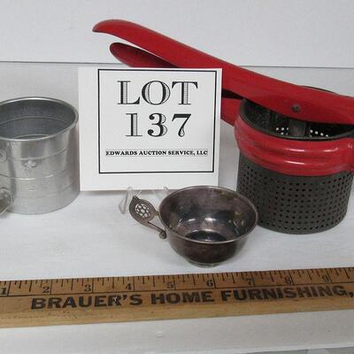 Nice Aluminum Measuring Cup, Red Handle Ricer, Little Silver Plate Cup