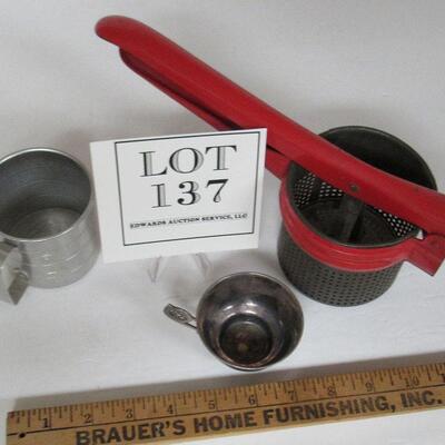 Nice Aluminum Measuring Cup, Red Handle Ricer, Little Silver Plate Cup
