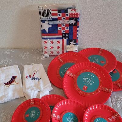 Lot 33: Plastic Plates, Tablecloth and Towels