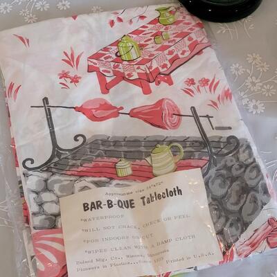Lot 35: Summer Cookout Large Platter, Tablecloth, Lolita Freezer Mug and Food & Condiments Candles