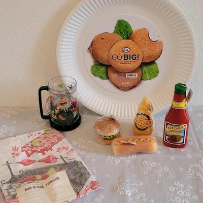 Lot 35: Summer Cookout Large Platter, Tablecloth, Lolita Freezer Mug and Food & Condiments Candles