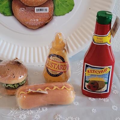 Lot 35: Summer Cookout Large Platter, Tablecloth, Lolita Freezer Mug and Food & Condiments Candles