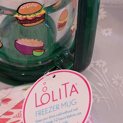 Lot 35: Summer Cookout Large Platter, Tablecloth, Lolita Freezer Mug and Food & Condiments Candles