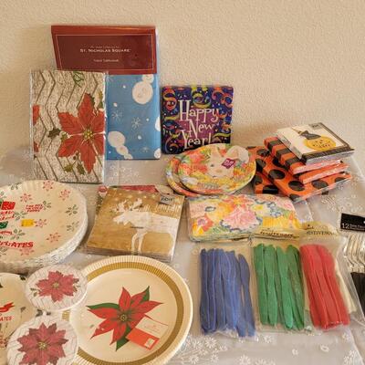 Lot 39: Disposable Plates Napkins, Coasters, Tablecloth and Flatware 