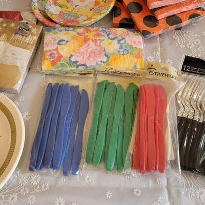 Lot 39: Disposable Plates Napkins, Coasters, Tablecloth and Flatware 