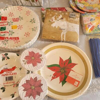 Lot 39: Disposable Plates Napkins, Coasters, Tablecloth and Flatware 