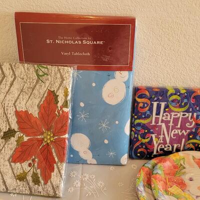 Lot 39: Disposable Plates Napkins, Coasters, Tablecloth and Flatware 