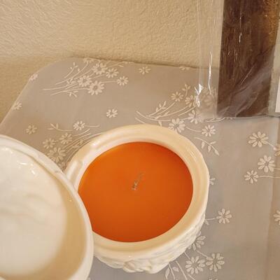 Lot 43: Glass Hallmark Appetizer Tray, Fall Leaf Plates and Pumpkin Spice Candle