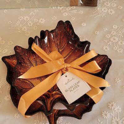 Lot 43: Glass Hallmark Appetizer Tray, Fall Leaf Plates and Pumpkin Spice Candle