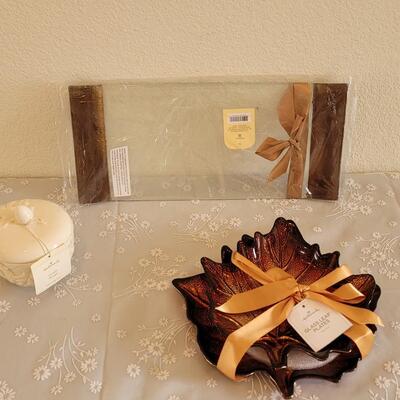 Lot 43: Glass Hallmark Appetizer Tray, Fall Leaf Plates and Pumpkin Spice Candle