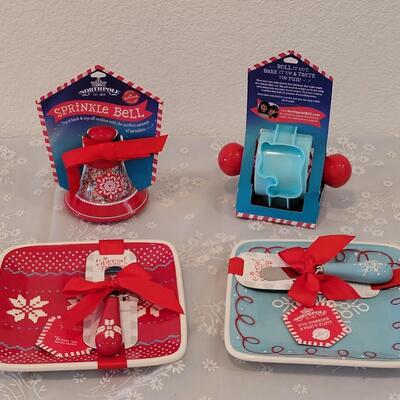 Lot 62: (2) Holiday Plates with Spreaders, Sprinkle Bell and Cookie Cuttet Wheel