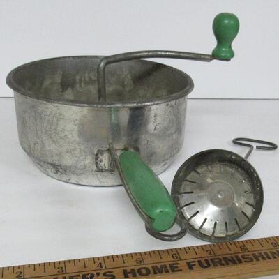 Green Wood Handled Foley Food Mill and Malted Milk Mixer Insert