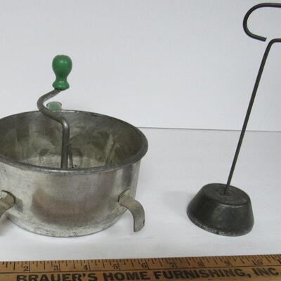 Green Wood Handled Foley Food Mill and Malted Milk Mixer Insert