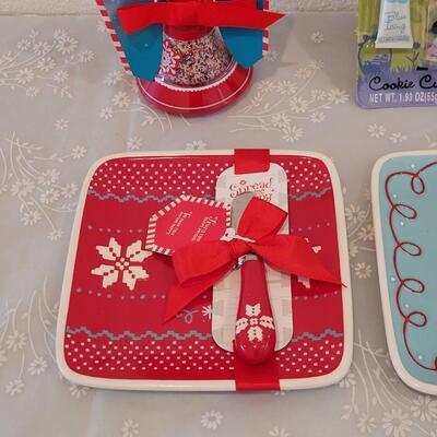 Lot 64: (2) Holiday Plates with Spreaders, Sprinkle Bell and Mickey Cookie Set